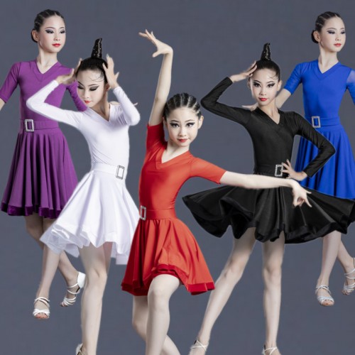 Girls kids white royal blue red purple black latin dance dresses children short sleeves latin ballroom performance costumes for children 